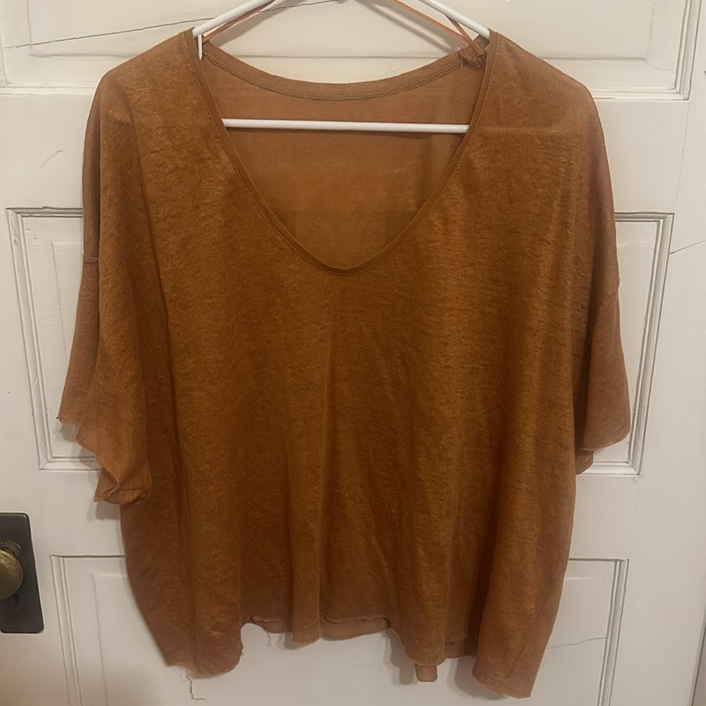 Zara Oversized Top Raw Edge Cut Detailing Salted Caramel Rust Hue Short Sleeve